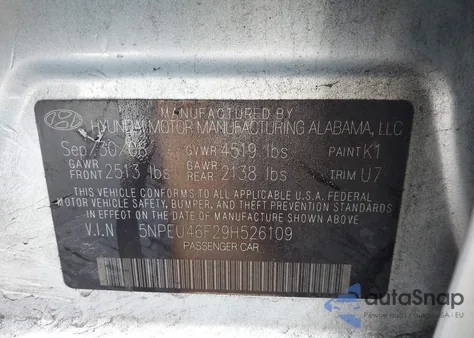 2009 Hyundai Sonata Se V6 z USA, uszkodzony, nr VIN 5NPEU46F29H526109